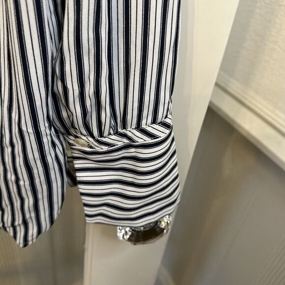 LOFT Women's  M Striped Button Down Shirt Blouse Pinstripes Black White - Picture 12 of 14